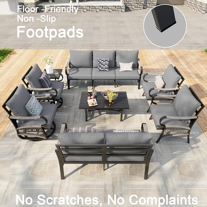 8 Pieces Patio Conversation Sets, All Weather Metal Outdoor Furniture Set Includes 3-Seater 2 Swivel Rockers with Side Table and Loveseat with Coffee Table 2 Single Chairs for Backyard Poolside, Gray