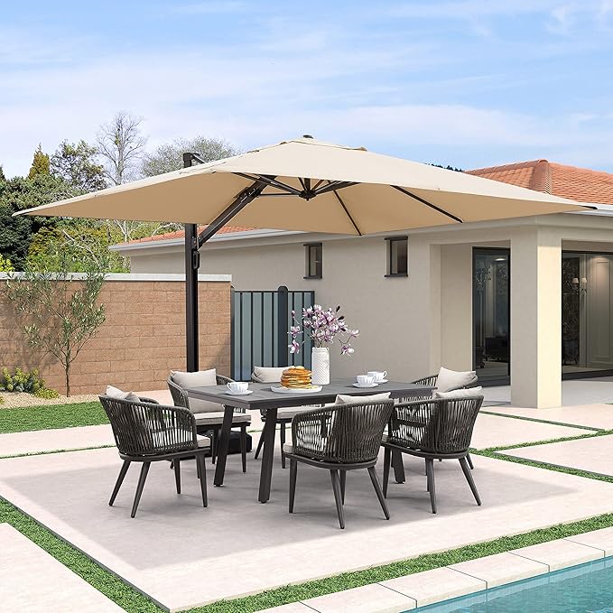 PURPLE LEAF 9' X 12' Rectangle Patio Umbrella Large Outdoor Aluminum Offset Umbrella with 360-degree Rotation Cantilever Umbrella for Garden Deck Backyard Pool, Beige