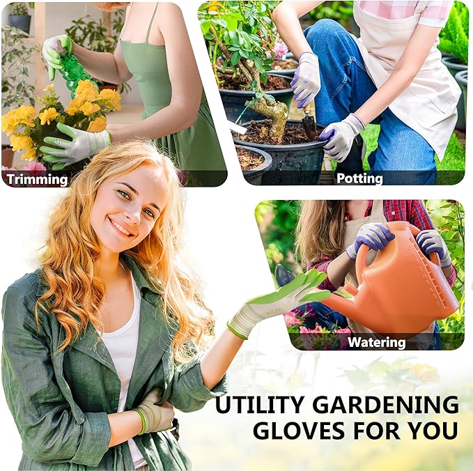 COOLJOB 2 Pairs Gardening Gloves for Women, Breathable Rubber Coated, L | Purple & Green, Textured Latex Palm, Breathable Polyester Liner, Flexible Fit, Machine Washable, Women's Garden Gloves
