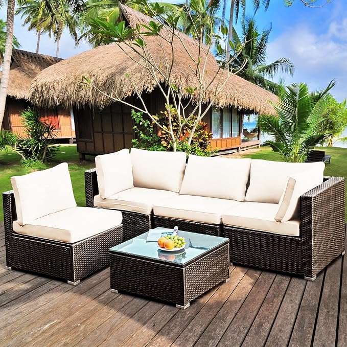 HAPPYGRILL 5 Pieces Patio Furniture Set Outdoor Rattan Wicker Sofa Set with Coffee Table Sectional Sofa Conversation Set with Pillows Cushions for Backyard Porch Garden Poolside