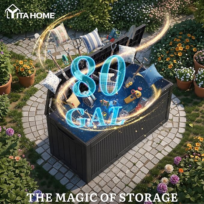 YITAHOME 80 Gallon Outdoor Storage Box, Large Water Resistant Resin Deck Box w/Silver Decorative PVC Trim Panel, Lockable Rattan Storage Container for Patio, Garden, Cushions, Tools (Black & Silver)