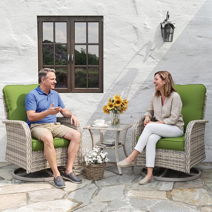 Patio Rocking Swivel Chair Outdoor Wicker Rattan Bistro Set with Tempered Glass Side Table, Outdoor Patio Furniture Set for Garden, Deck, and Balcony, Avocado Green