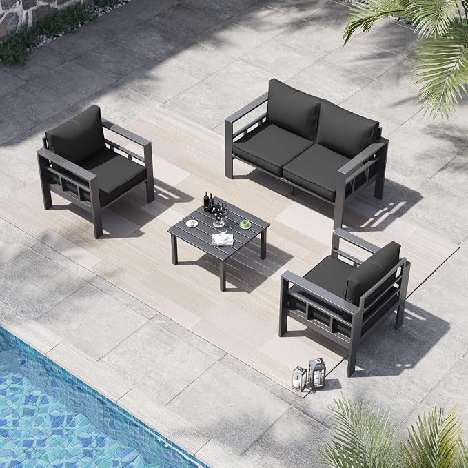 4 Piece Aluminum Patio Furniture Set, Thick Cushions, Aluminum Outdoor Sectional Conversation Set with Coffee Table for Porch, Backyard, Deck(Grey/Dark Grey-1)