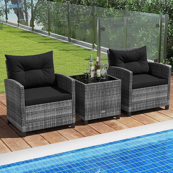 Patio Furniture Set, 3 Pcs Outdoor Wicker Conversation Set with Glass Coffee Table, Patio Chairs w/Washable Cushions, PE Rattan Outdoor Furniture Set for Porch Garden Backyard (Black)