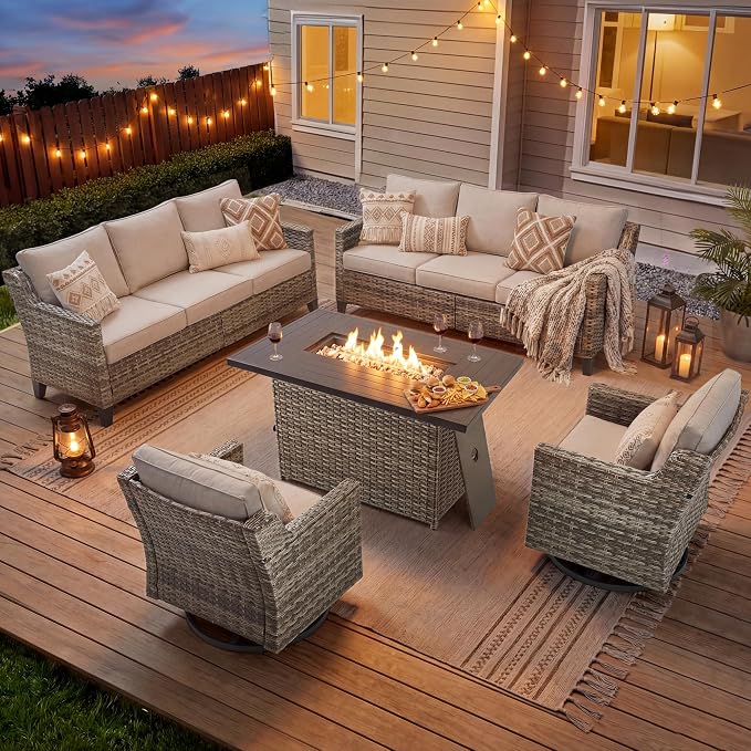 5 Pieces Patio Furniture Set with 42.5" Fire Pit Table-All Weather Wicker Outdoor Furniture with High Back Wicker Patio Chairs Set of 2 Outdoor Couch for Deck Backyard Gray/Beige