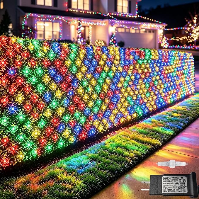 Colorful Net Lights, 28x 5ft Christmas Lights Outdoor Clear Wire | 510 LED Large Net Mesh Lights Plug in, 8 Modes Waterproof Connectable Bushes Lights for Christmas Hedge Yard Decor