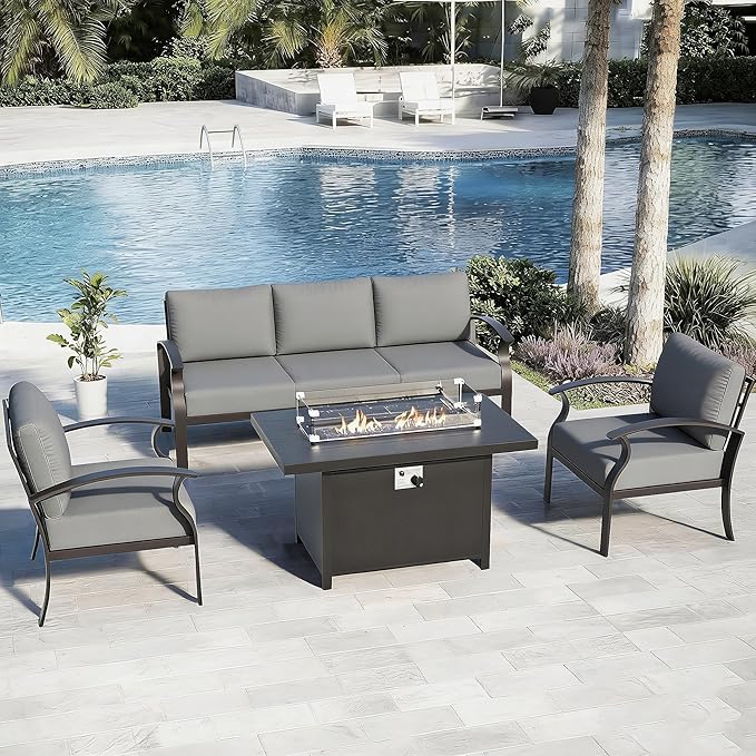 Gotland Aluminum Patio Furniture Set, 4 PCS Metal Outdoor Furniture with 45’’ Fire Pit Table Waterproof 5.1'' Seat Cushions 34.1’’ High Back, Oversized Outdoor Sectional Patio Conversation Sets, Grey