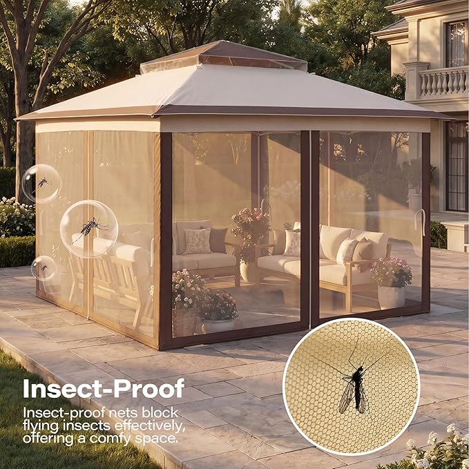 LAUSAINT HOME 12x12 Pop Up Gazebo Canopy Tent with Mosquito Netting, Instant One-Push Setup, Adjustable Height Outdoor Canopy Shelter with Carry Bag for Patio, Backyard, Camping, Parties & BBQs, Khaki