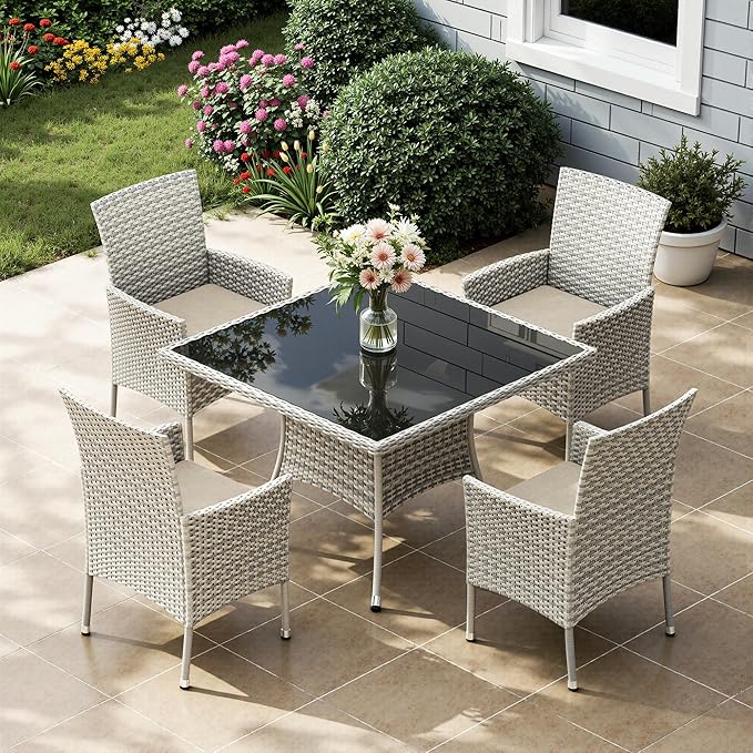 5-Piece Patio Dining Set, Patio Furniture Set with Square Tempered Glass Table & 4 Wicker Chairs, Expandable Design for Larger Groups, Outdoor Furniture for Backyard, Deck, Garden, Beige