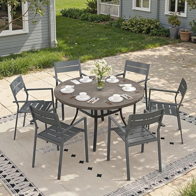Patio Dining Set for 6, 47.2" Outdoor Dining Table and Chairs Set with Stackable Patio Chairs Outdoor Furniture for Garden Deck Backyard, Grey Table and Grey Chairs