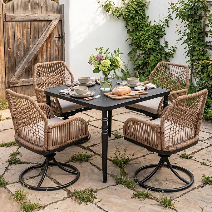 NUU GARDEN 5-Piece Patio Dining Set, Slatted Table with Umbrella Hole, 4 Swivel Chairs with Beige Cushions, Handwoven Double-Layer Twisted Rattan, Powder-Coated Metal Frame, Brown and Black