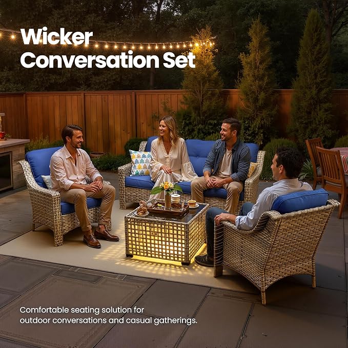 4 PCS Patio Conversation Set, All-Weather High Back Wicker Outdoor Patio Furniture Sets with Two Single Chairs, Solar Light Coffee Table,Outside Furniture for Porch Backyard Balcony,Navy Blue