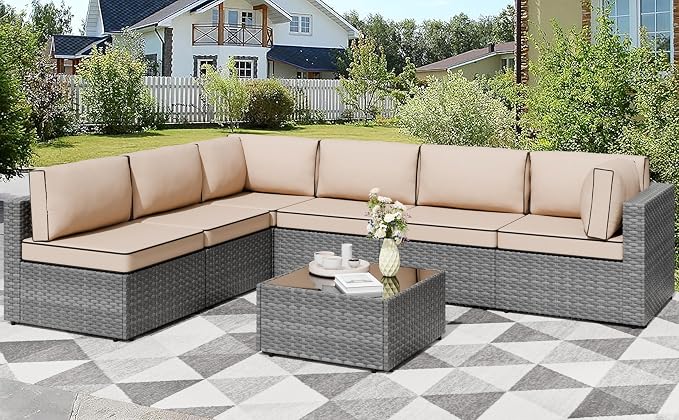 Shintenchi 7 Pieces Outdoor Patio Furniture Sets, Patio Sectional Sofa Couch, Gray PE Wicker Furniture Modular Patio Conversation Sets Patio Sofa with Washable Cushions, Gray/Khaki