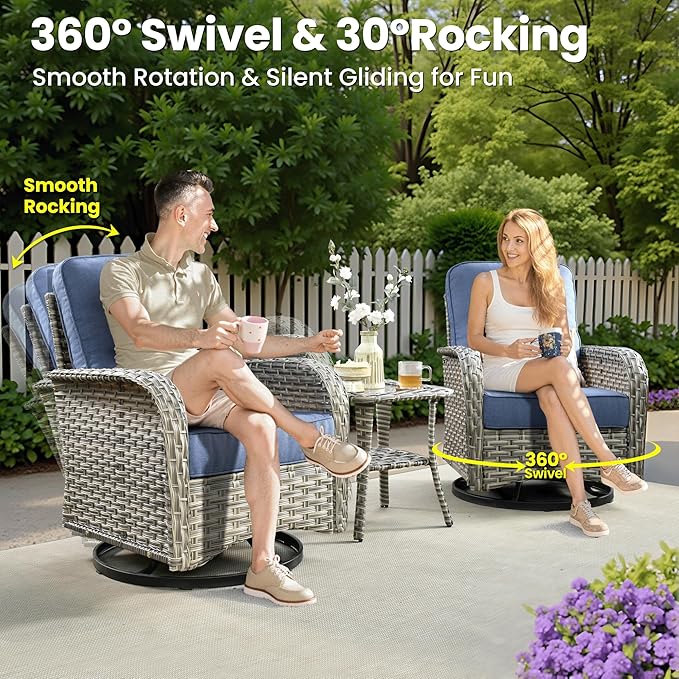 ovios 9-Piece Patio Furniture Set with L-Shape Sofa Chaise, Outdoor Sectional Couch Swivel Gliders Fire Pit Table Solar Table, Modern Modular Wicker Rattan Conversation Set, Denim Blue