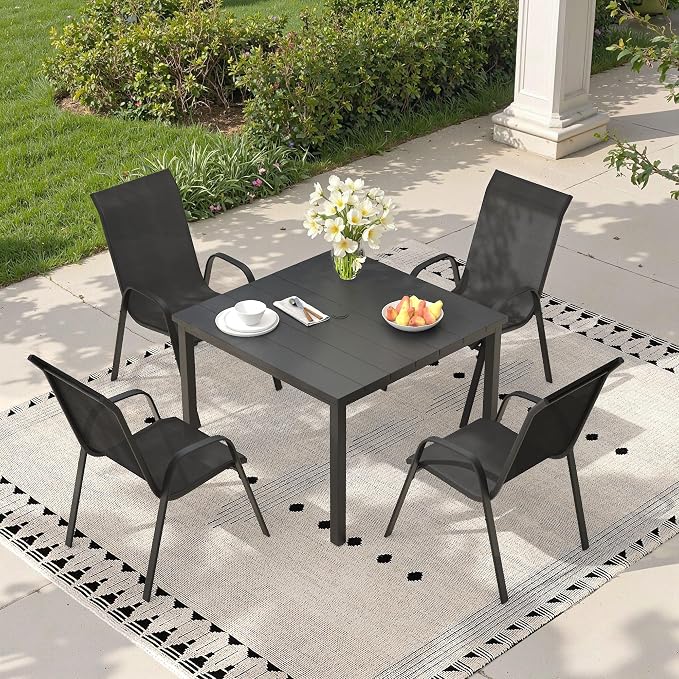 5 Pieces Outdoor Dining Set, 40.2" Square Table with Umbrella Hole & Stackable Patio Dining Chairs, Patio Table and Chairs Set for Deck Garden Porch, Black Chairs & Black Table