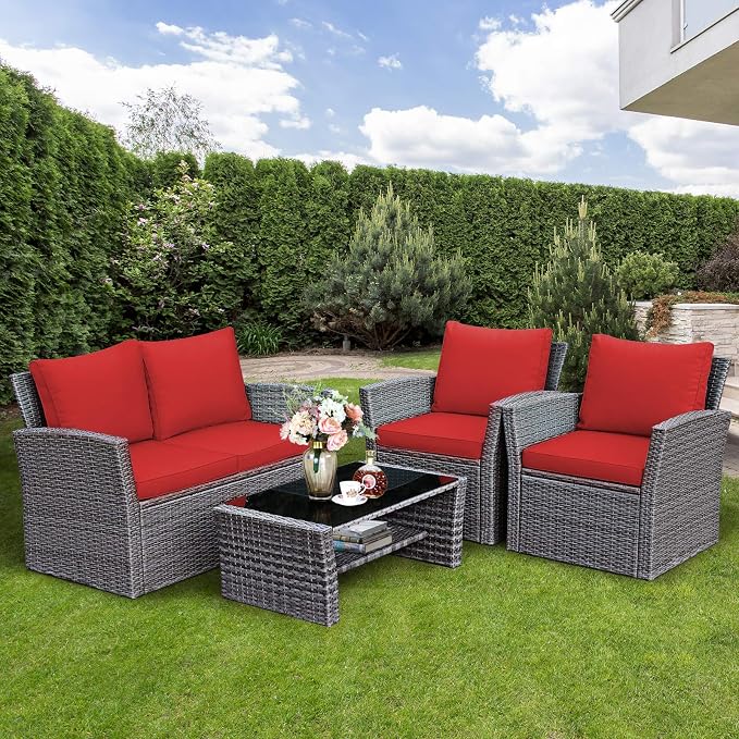 COSTWAY 4 Pieces Patio Rattan Furniture Set, Outdoor Wicker Sofa Set with Tempered Glass Coffee Table, Cushions, All Weather Rattan Conversation Set for Yard Balcony Backyard Pool (Red)