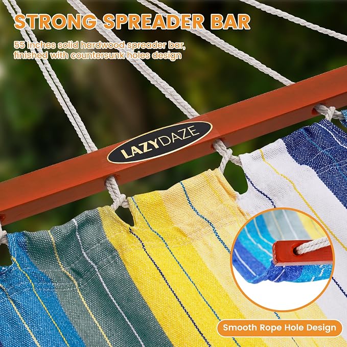 Lazy Daze Hammocks Cotton Fabric Double Hammock with 55" Spreader Bar, Portable Camping Hammock with Carrying Bag & Tree Straps for Patio, Backyard, Balcony, 450lbs Capacity, Blue & Yellow