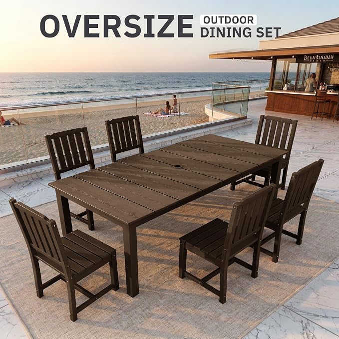 AreShark 7-Piece Outdoor Dining Set,HDPE Patio Table with 6 Armless Chairs,All-Weather Patio Furniture Set with Umbrella Hole,Low Maintenance Wood Grain Dining Set for Backyard,Garden,Poolside,Black