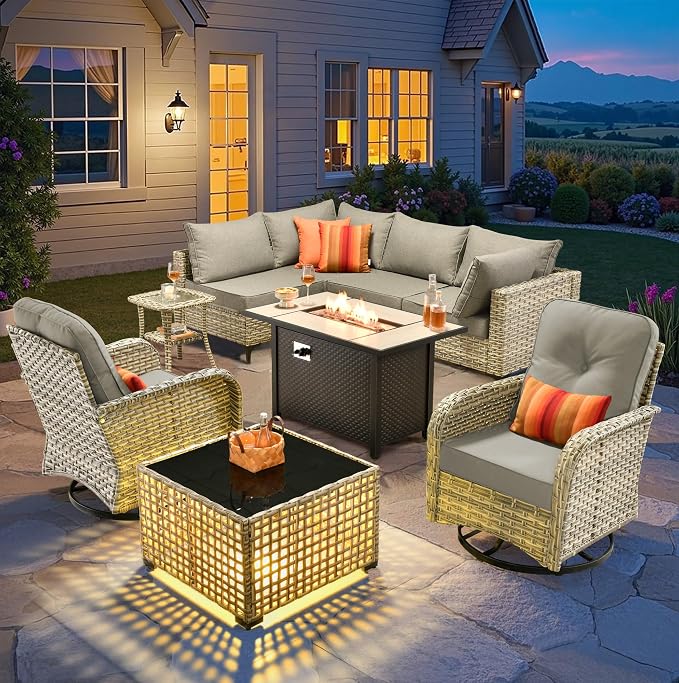 CAODOC 9-Piece Outdoor Sectional Sofa Set w/ 42" Fire Pit – L-Shaped Wicker Patio Furniture, Deep Seating & Swivel Rockers,Dark Gray