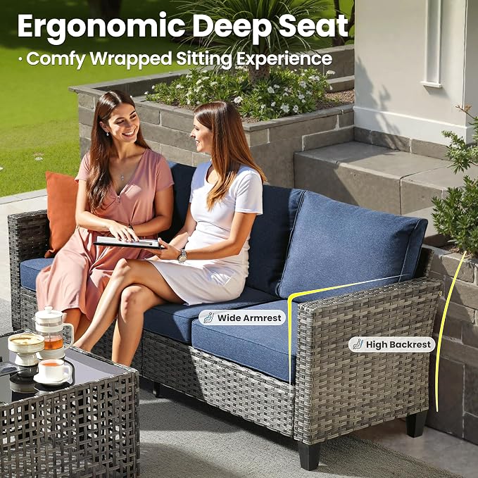 ovios 7 Pieces Patio Furniture Set with 42" Fire Pit Table, Outdoor Sofa Couch with Solar Lights Table Comfy Cushions, Modern Deep Seat Wicker Rattan Conversation Set, Denim Blue