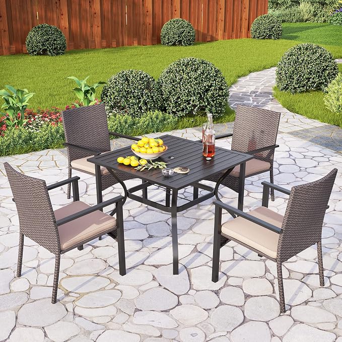 PHI VILLA Wicker Patio Dining Chairs Set of 2 with Removable Cushions | 2 Rattan dining chairs with thick removable seat cushions. Sturdy steel frame, easy assembly.