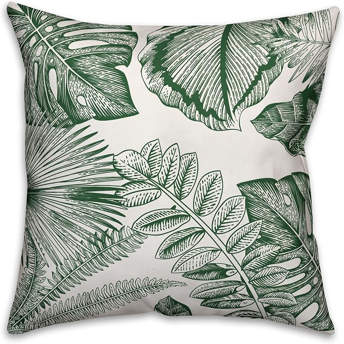 Green Palm Fronds Indoor/Outdoor Pillow | Decorative Pillows for Living Room Couch Bed Sofa Patio, Fluffy Soft Cushion | Water Resistant Green, 18x18