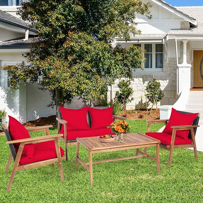Tangkula 4-Piece Patio Furniture Set, Outdoor Acacia Wood Conversation Set with Cushions and Coffee Table, Outdoor PE Wicker Sectional Sofa Set for Garden, Poolside and Backyard (1, Red)
