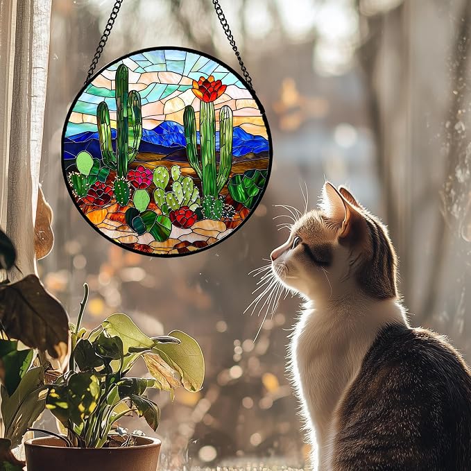 DASTOLL Stained Glass Window Hanging, Green Cactus Suncatcher for Doors Window Home Plant Landscape Sun Catchers Decoration Mother's Day Birthday Gifts for Women, Men, and Mom 11.8 in