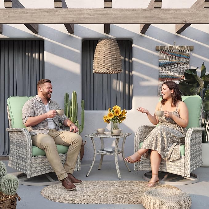 6-Piece Patio Rocking Swivel Chair Outdoor Wicker Rattan Bistro Set with Tempered Glass Side Table, Outdoor Patio Furniture Set for Garden, Deck, and Balcony, Light Green