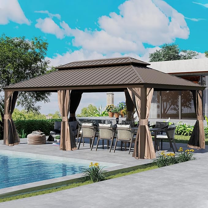 Domi 12' X 24' Hardtop Gazebo, Upgraded Metal Gazebo with Drainage System, Dual-Layer Galvanized Steel Roof, Curtain and Netting, Outdoor Shelter Canopy for Patio, Garden, and Backyard, Brown