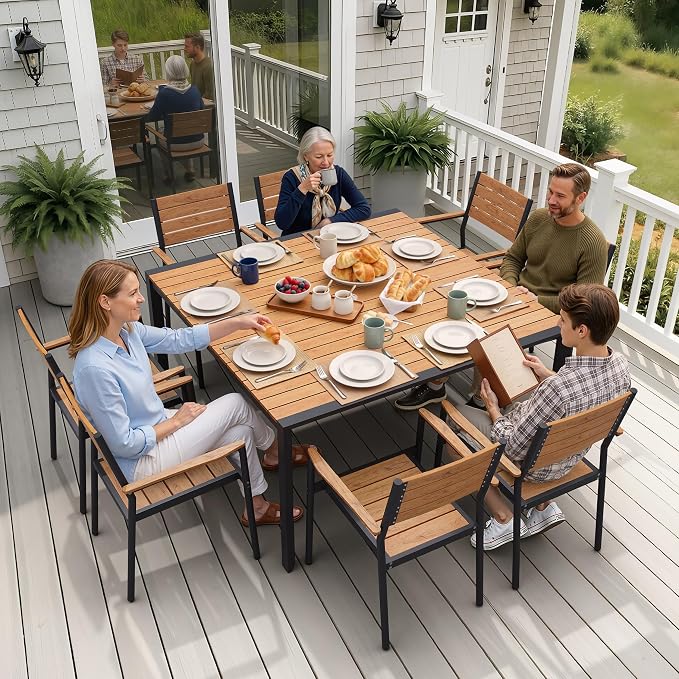 9-Piece Outdoor Dining Set, 56" Square Table and Stackable Arm Chairs | Aluminum Frame Umbrella Hole and All-Weather Wood Grain Patio Furniture for 8 for Garden, Patio, Backyard, Brown