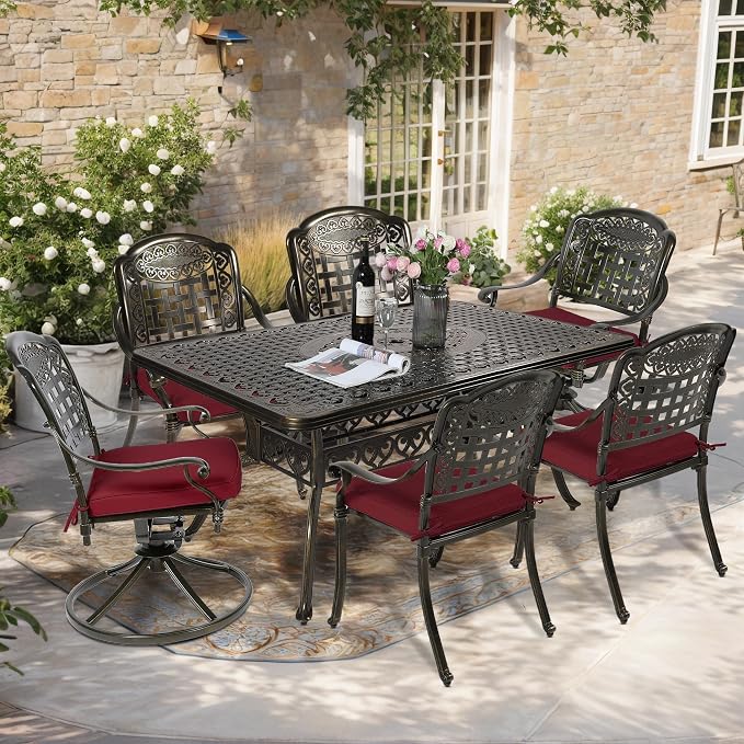7-Piece Outdoor Patio Dining Set, 60” Rectangular Cast Aluminum Dining Table with Umbrella Hole and 4 Stationary, 2 Swivel Rocker Chairs, 6 Cushioned, Backyard, Patio, Garden, Red