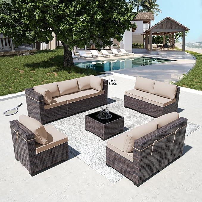 9 Pieces Outdoor Patio Furniture Set,Outdoor Sectional Furniture All Weather PE Rattan Wicker Patio Conversation Set with Coffee Table and 8 Thickened Cushions,Sand