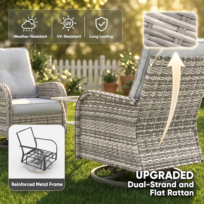 9-Piece Small Patio Furniture Set, Outdoor Swivel Rocking Chairs Set with 55,000 BTU Fire Pit Table Wicker Chairs and Ottomans, Patio Bistro Set for Balcony, Deck, Porch, Grey