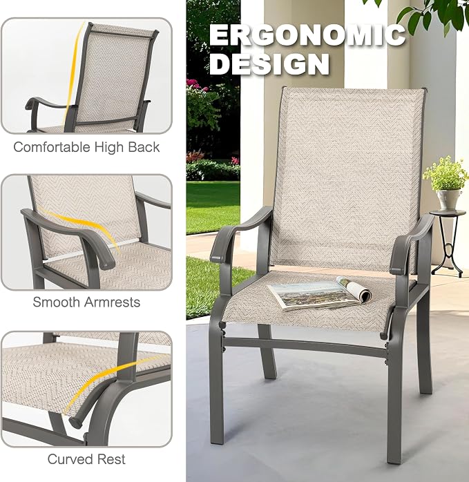NUU GARDEN 7 Piece Outdoor Dining Set, 6 Textilene Dining Chairs and 60.6'' Rectangular Slatted Table with Umbrella Hole, Weather-Resistant Patio Dining Furniture for Garden Patio Backyard, Beige