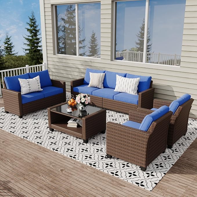 GarveeLife 5 Pieces Patio Furniture Set, 7-Seater Rattan Wicker Patio Conversation Sets with Coffee Table, Outdoor Sectional Patio Sofa Set, Brown Rattan and Blue Cushions