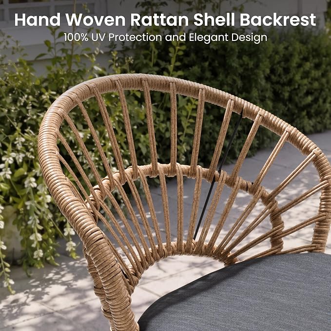 9 Piece Aluminum Outdoor Dining Set with Rattan Patio Chairs | 83" Large Rectangle Dining Table with Umbrella Hole, 8 Shell Shaped Side Chairs with Black Cushions for Backyard Garden Deck