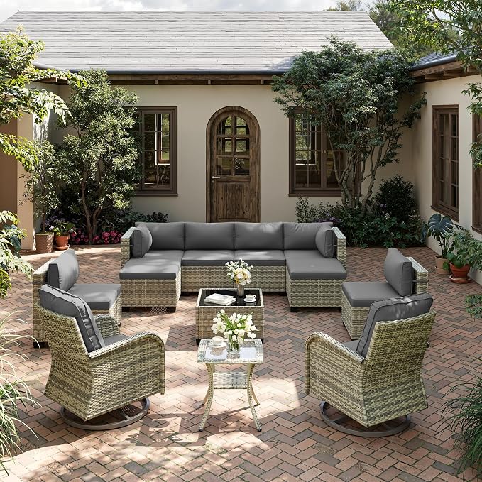 12-Piece Patio Furniture Set, Outdoor Patio Furniture with Swivel Chairs Set, Ottomans, Modular Patio Sofa, Dual-Strand Wicker Rattan, Rust-Resistant Frame, Grey