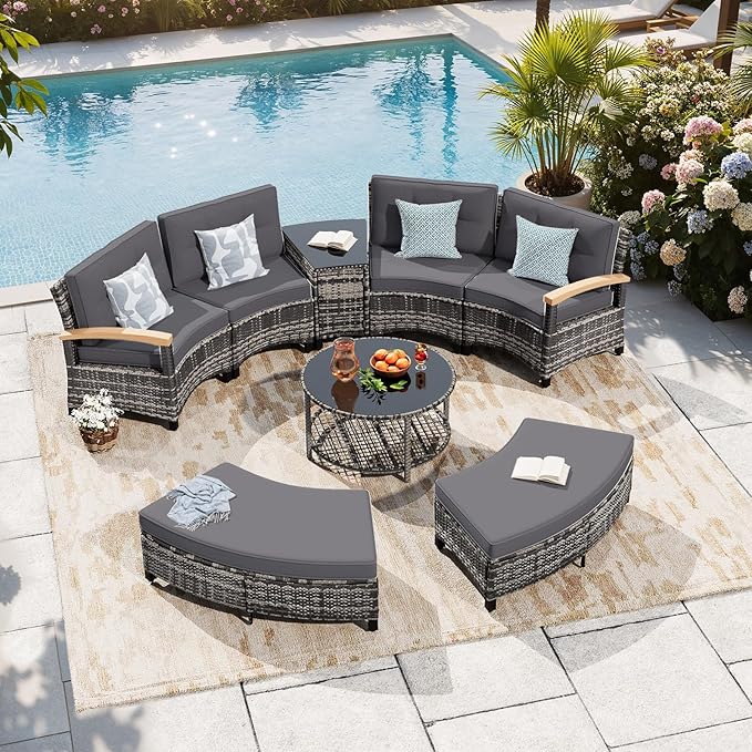 MEISSALIVVE 8-Piece Half-Moon Curved Outdoor Patio Furniture Set, Sectional Conversation Sofa with 2 Half-Moon Ottomans, Coffee & Side Tables for Backyard Deck Garden, Grey