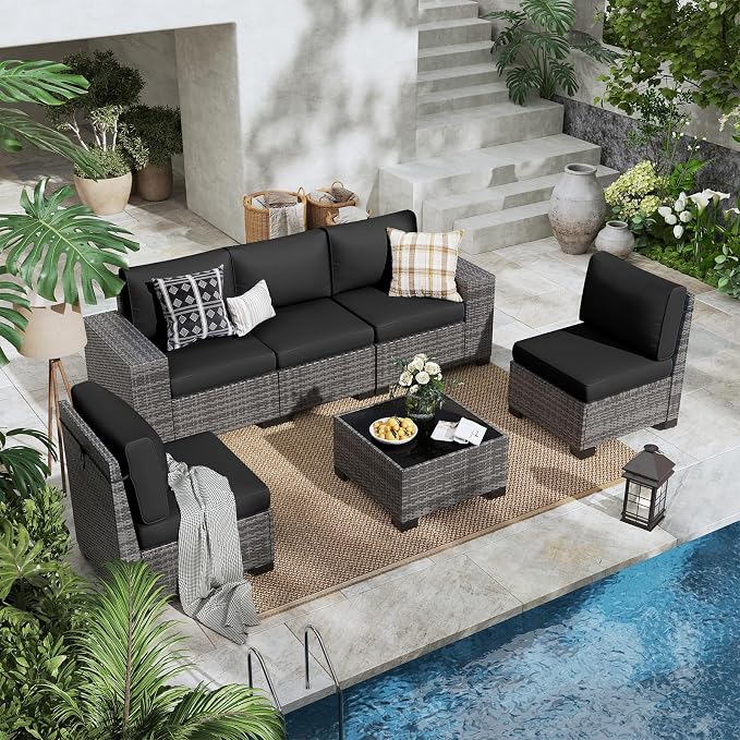 6 Pieces Outdoor Patio Furniture Set with Table Gray Rattan Sectional Sofa Conversation Sets for Balcony Lawn and Garden (Black, 6 pcs w/Table)