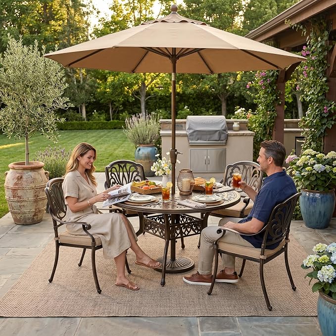5-Pcs Cast Aluminum Patio Dining Set for 4, 54" Round Table,Bronze | Outdoor Furniture Set Include Dining Table and 4 Stackable Chairs with Cushions & Umbrella Hole