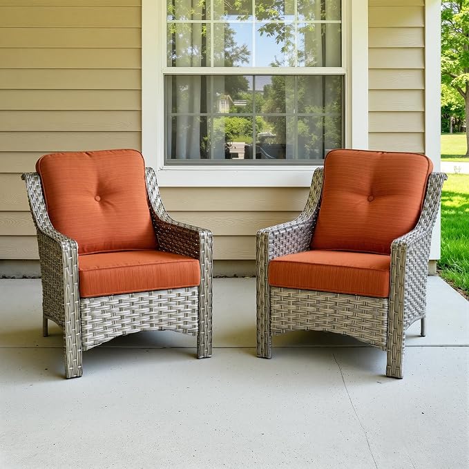 2 Piece Patio Furniture Set, Outdoor Wicker Chairs Set of 2 with Thick Cushion, Heavy Duty High Back Comfortable Chair for Small Balcony Porch Garden, Orange