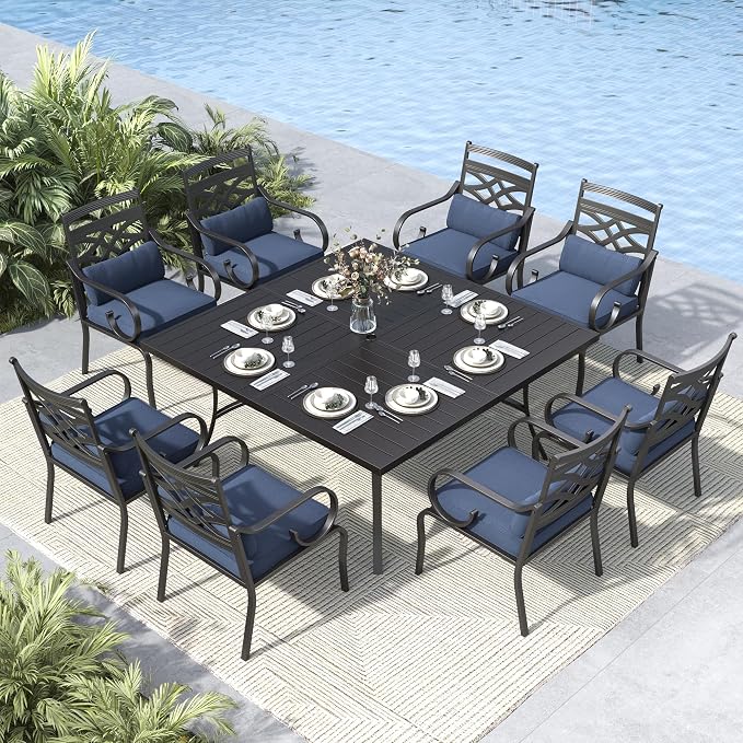 MFSTUDIO 9-Piece Patio Dining Set, 57.5" Square Metal Table, Fixed Chairs | Umbrella Hole, Blue