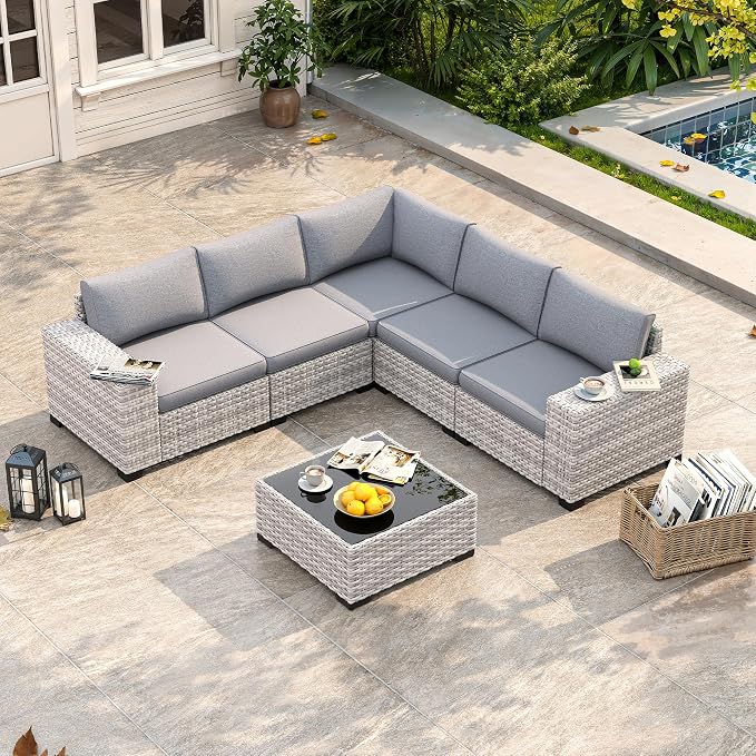 6 Piece Outdoor Wicker Sectional Sofa Set, 5-Seats Patio Furniture Conversation Set with 4" Thickened Cushions & Coffee Table, All-Weather PE Rattan for Garden, Backyard, Porch, Gray