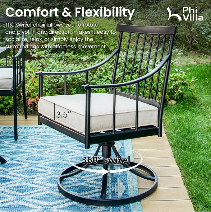 PHI VILLA 7 Piece, Outdoor Dining Set, 65"x39" Table, Umbrella Hole | Metal, Swivel Chairs, Cushions, Weather-Resistant, Rust-Resistant, 300 lbs Capacity