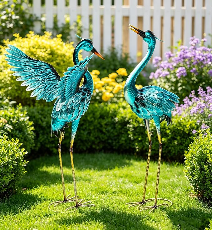36.8" Metal Crane Garden Statue, Oversized Heron Yard Decor | Handcrafted with 3DTexture, Hand-Painted, U-ground Stakes for Stability, Weather Resistant Iron, Backyard Lawn Pond Patio