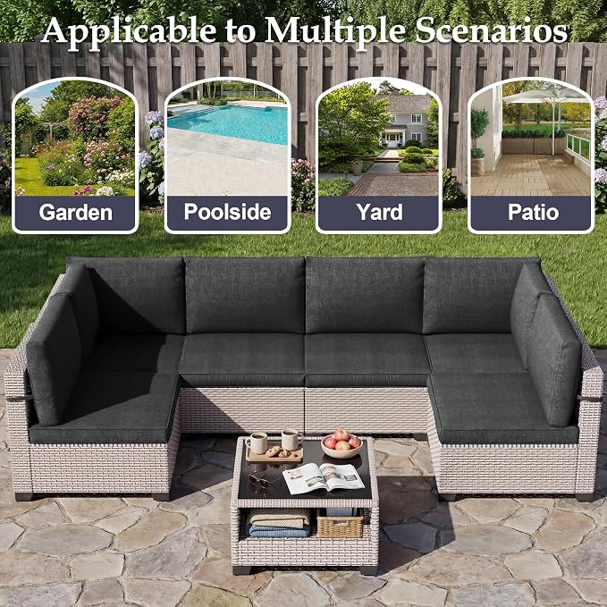 Patio Furniture Set, 14-Piece Outdoor Sectional Sofa with 2-Layer Glass Coffee Table, Wicker Patio Conversation Set with Black Cushions for Backyard, Poolside, Porch