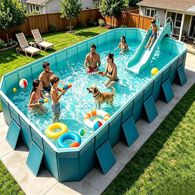13ft Non-Inflatable Foldable Pool, Reinforced Panel Support, 4-Layer Anti-Scratch Material, Heavy Duty Rectangular Pool for Family Kids Pets Backyard Slide Compatible Use