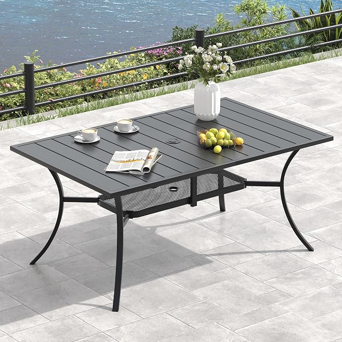 VICLLAX 8 Pieces Patio Dining Set with Blue Umbrella, 6 Stakable Wicker Outdoor Chairs and Patio Rectangular Table with Umbrella Hole for Backyard Lawn Deck, Black Tabletop
