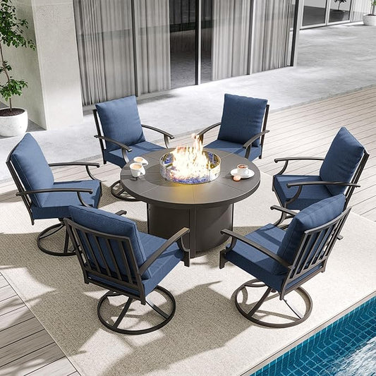 Kullavik 7 Piece Metal Outdoor Patio Furniture Set with Fire Pit Table,Outdoor Dining Table Set with 6 Swivel Chairs and 55000 BTU Outdoor Round Fire Pit,Navy Blue